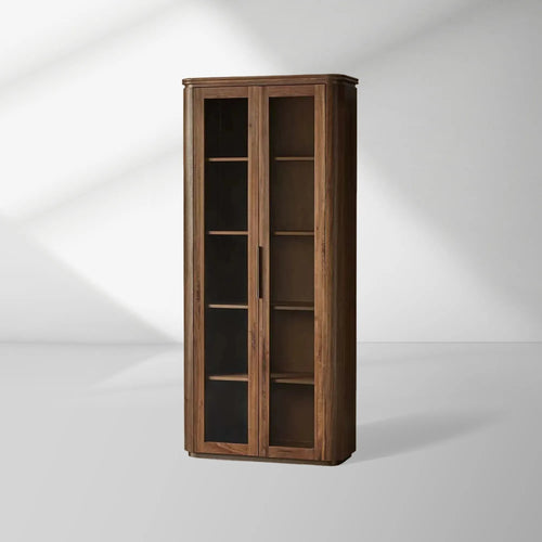 Vitrine haute Caden en noyer, meuble de rangement en bois, vitrine d'entrée, bibliothèque avec porte vitrée
