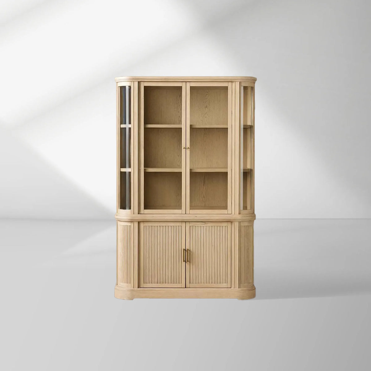 Coventry Reeded Detailing Glass Tall Display Cabinets White Oak Sideboard Dining Room Side Cabinet with LED Lighting