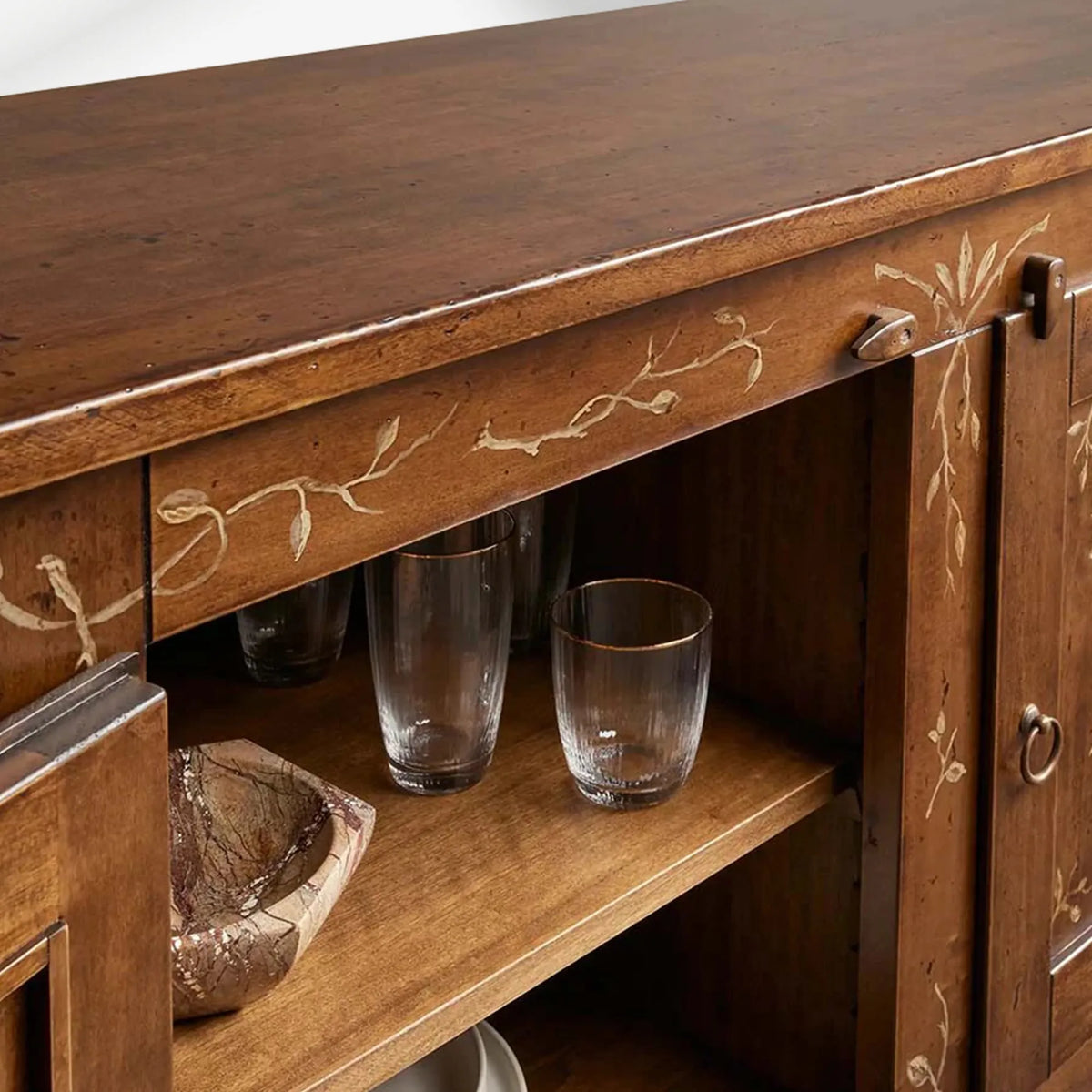 Stefania Pappelholz-Buffet-Sideboard mit handbemalten Blumen, Wohnzimmer- und Eingangsbereich-Schrank
