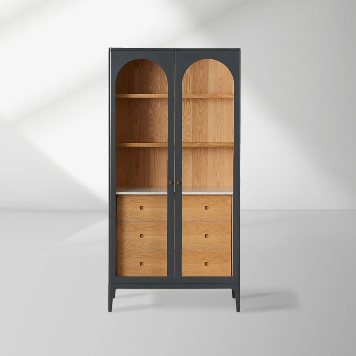Linley Oak Wood Tall Display Cabinet Glass Door Bookcase with Drawers & Carrara Stone Top