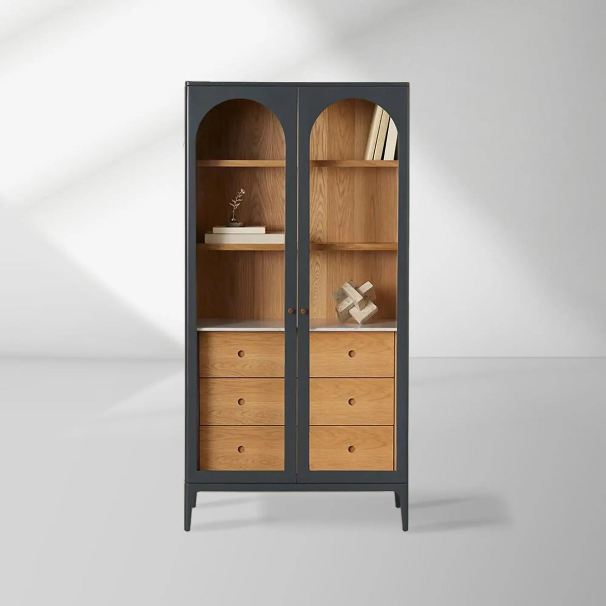 Linley Oak Wood Tall Display Cabinet Glass Door Bookcase with Drawers & Carrara Stone Top