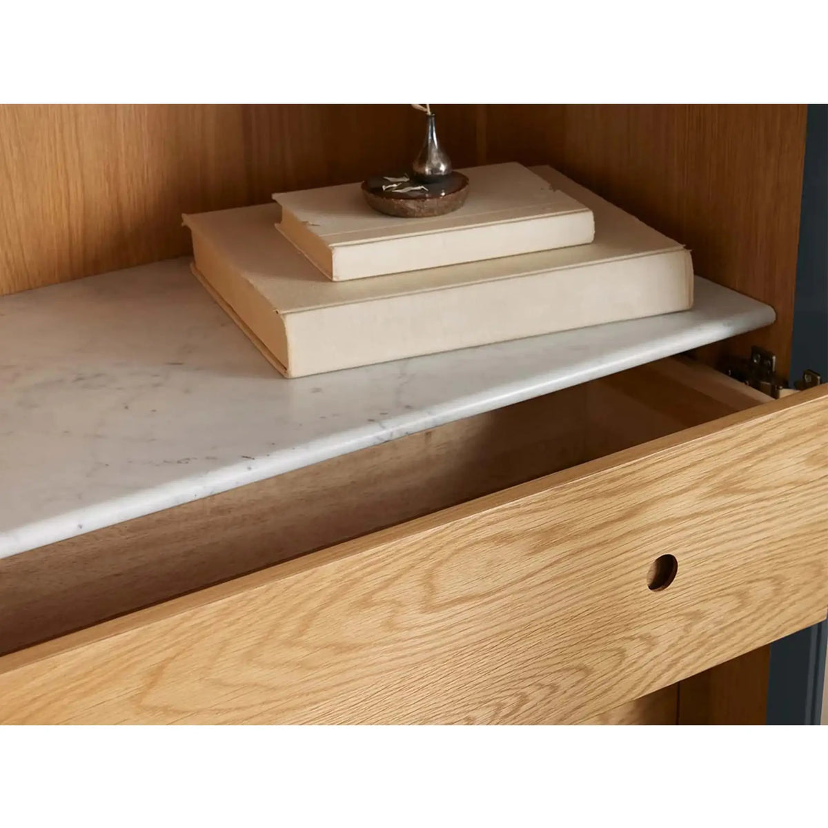 Linley Oak Wood Tall Display Cabinet Glass Door Bookcase with Drawers & Carrara Stone Top