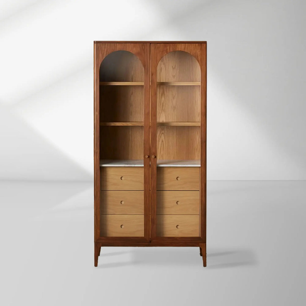 Linley Oak Wood Tall Display Cabinet Glass Door Bookcase with Drawers & Carrara Stone Top