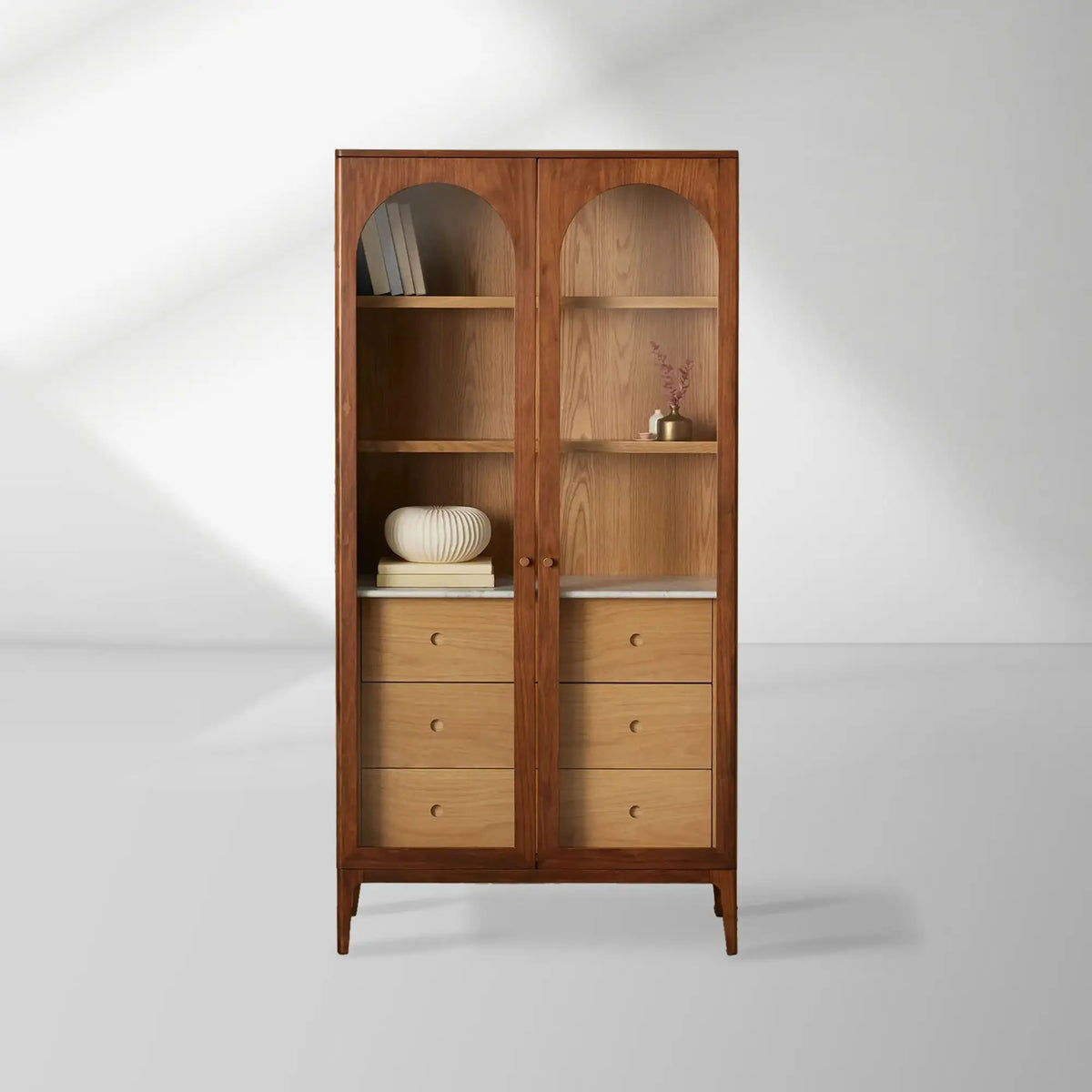 Linley Oak Wood Tall Display Cabinet Glass Door Bookcase with Drawers & Carrara Stone Top