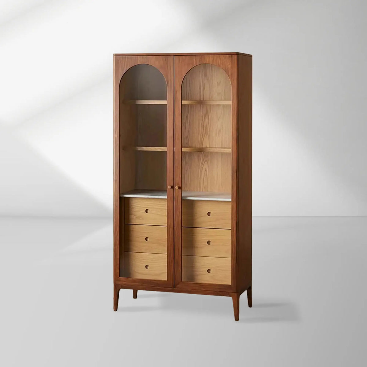 Linley Oak Wood Tall Display Cabinet Glass Door Bookcase with Drawers & Carrara Stone Top