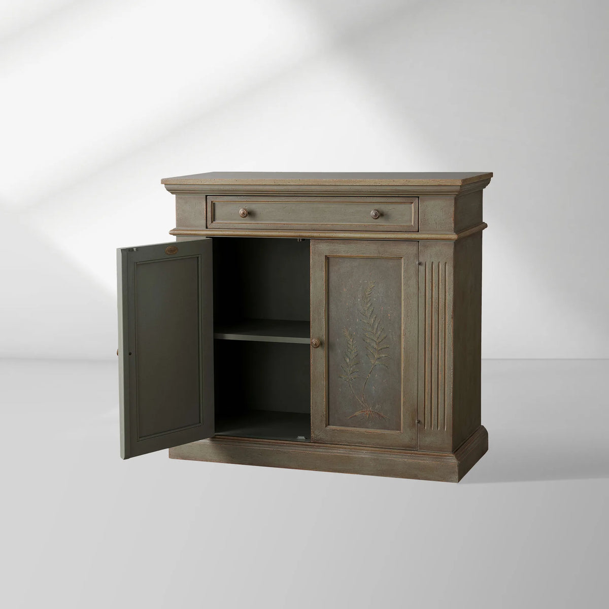 Buffet de salle à manger Cosetta avec motif de fougères peint à la main, en bois antique, meuble d'entrée