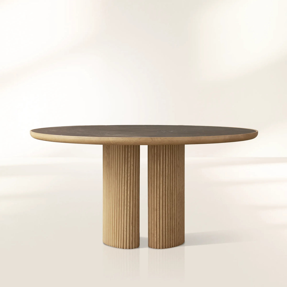 Astor Round Dining Table with Marble Top Oak Wood Base Solid Oak Slats