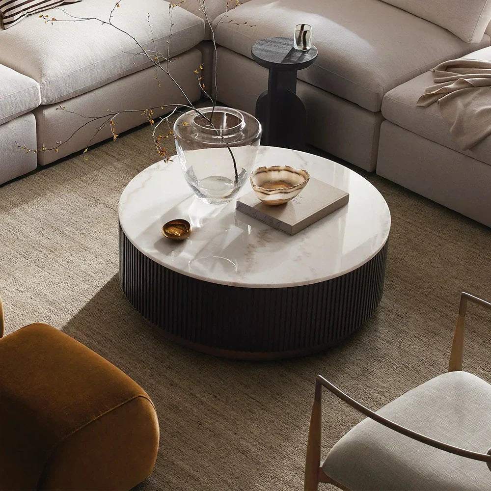 Finnley Runder Couchtisch Sofa Beistelltisch Teetisch mit Steinplatte & Messingsockel