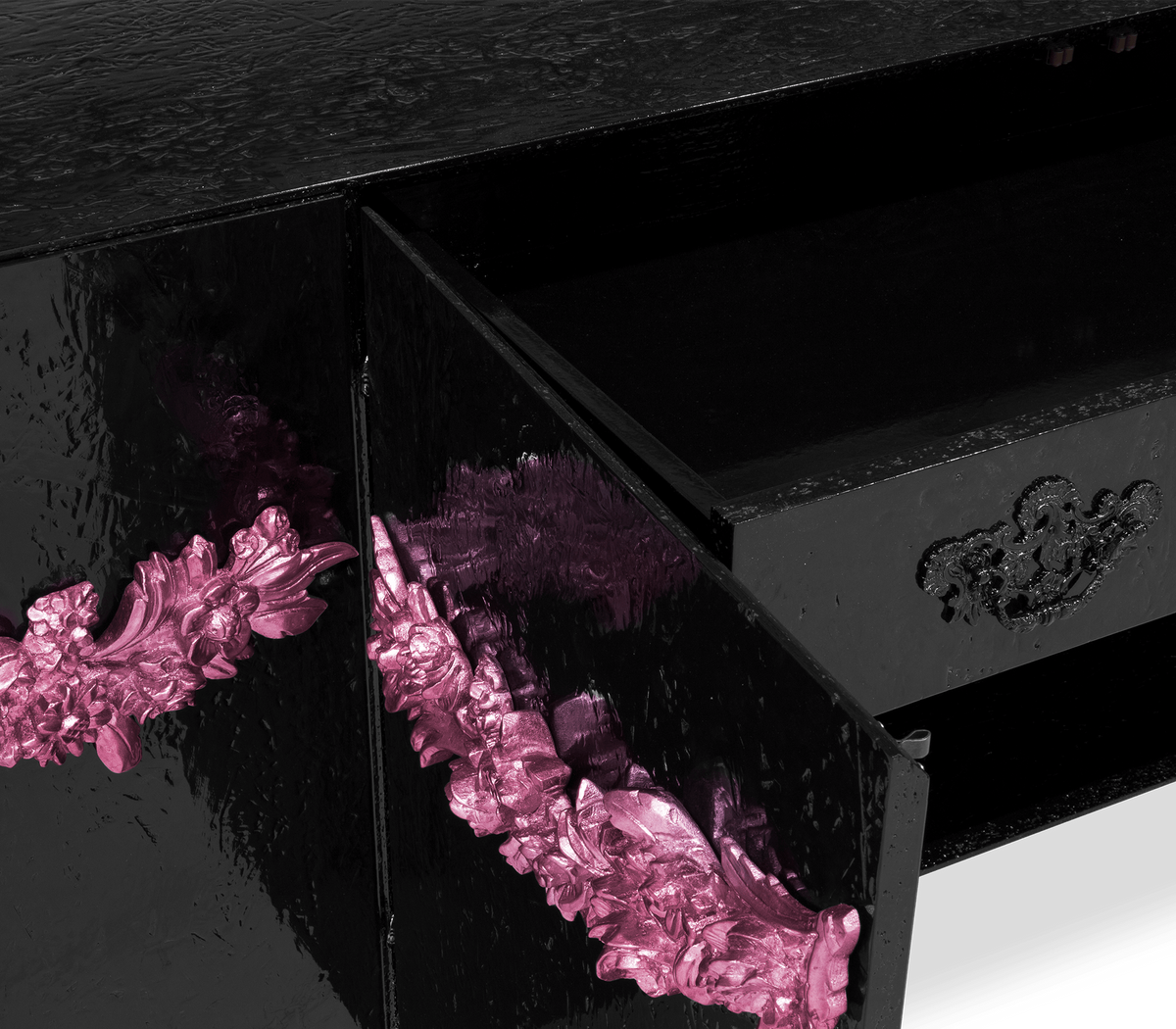 Luxury Black Sideboard Buffet Cabinet with Floral Carved Details & Storage