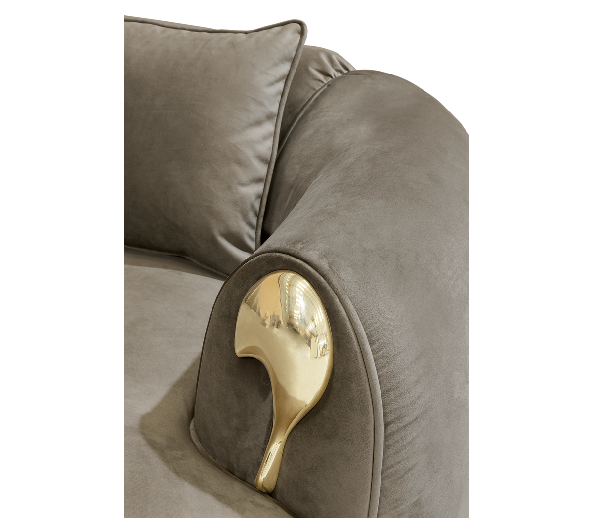 Luxury Curved Sofa with Hand-Hammered Polished Brass Base & Cream Upholstery Design