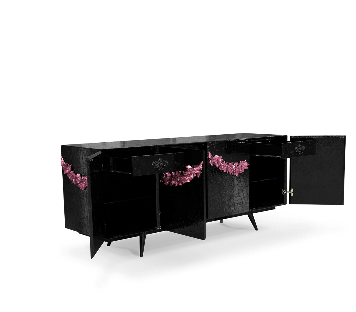 Luxury Black Sideboard Buffet Cabinet with Floral Carved Details & Storage