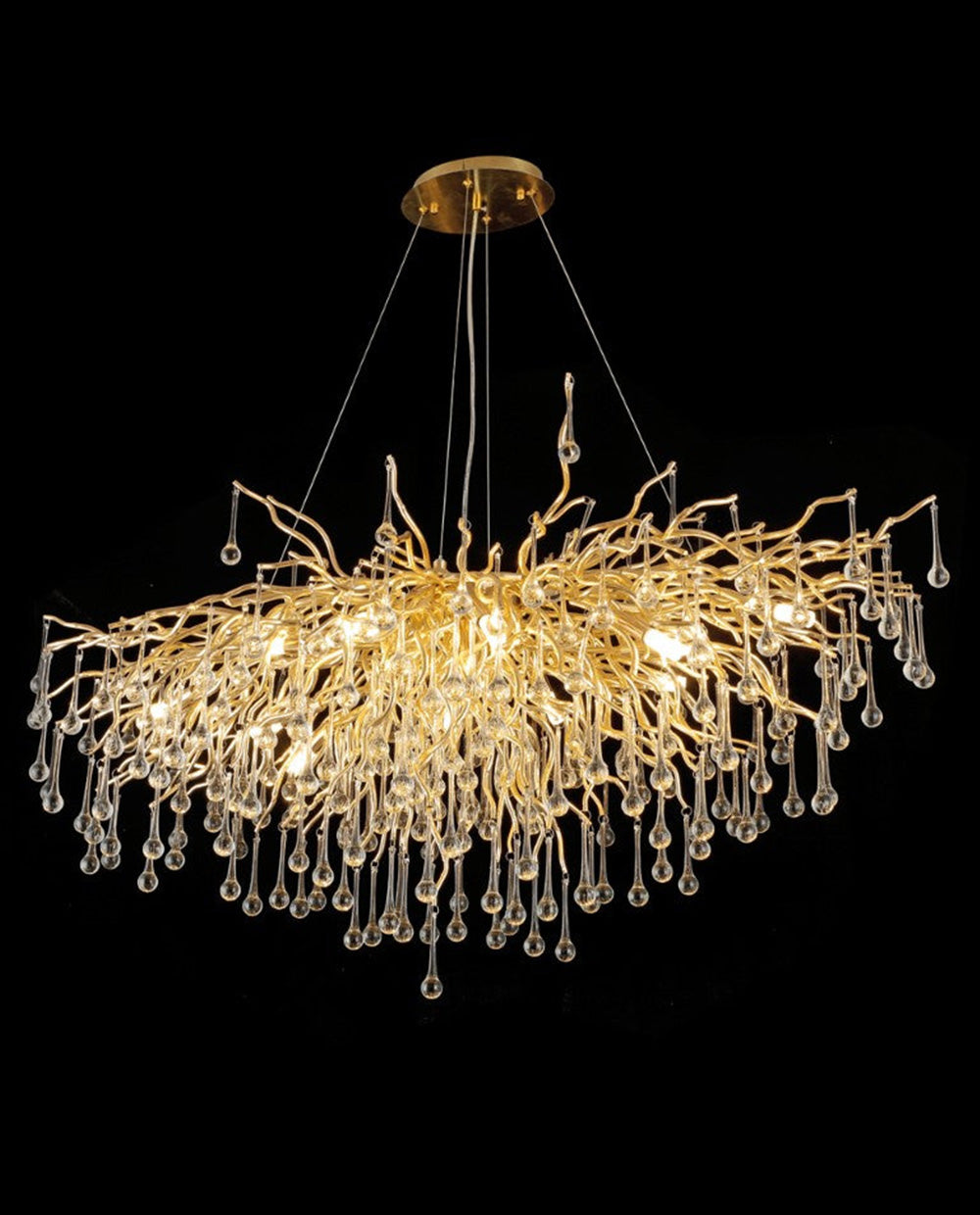 47 Zoll moderner Esszimmer-Kronleuchter, goldener Ast-Kronleuchter, klarer Glas-Tropfen-Kronleuchter
