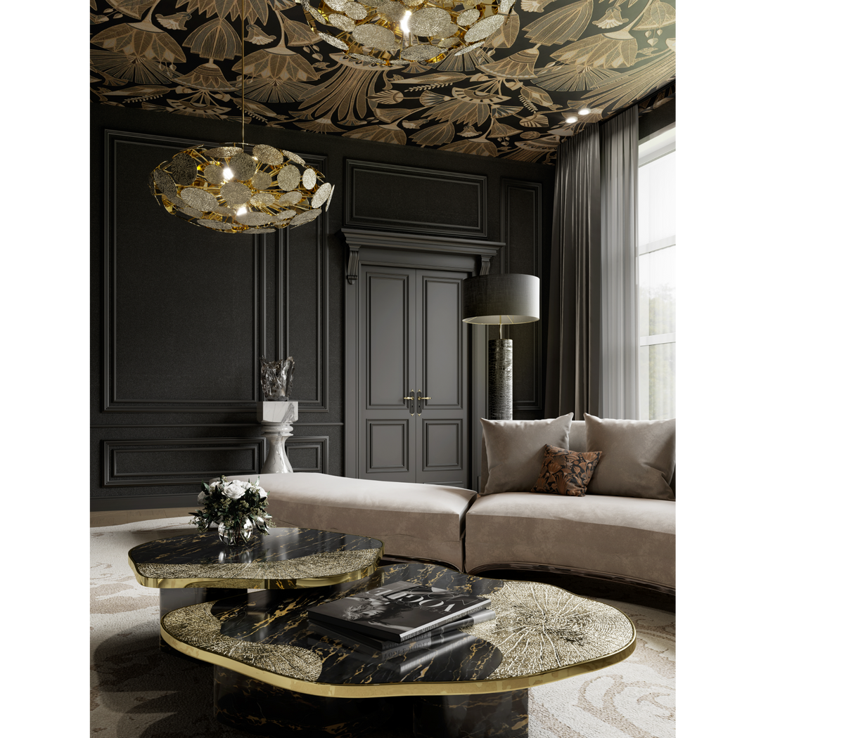 Luxury Calacatta Marble Coffee Table with Black Sculptural Base & Modern Design Center Tea Table