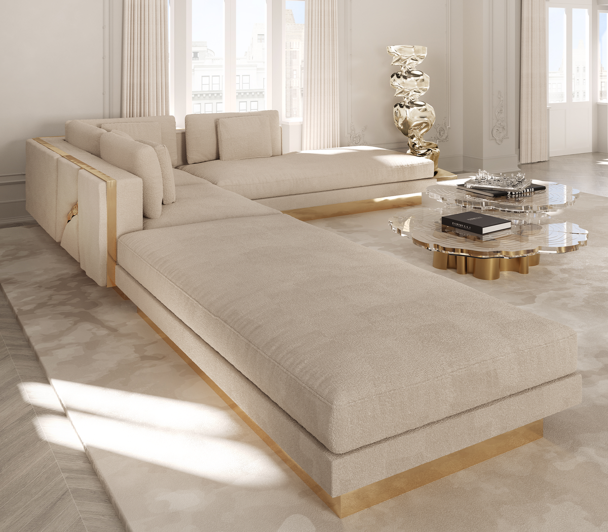 Luxury Modular Sofa with Karst-Inspired Sculptural Design & Polished Brass Frame