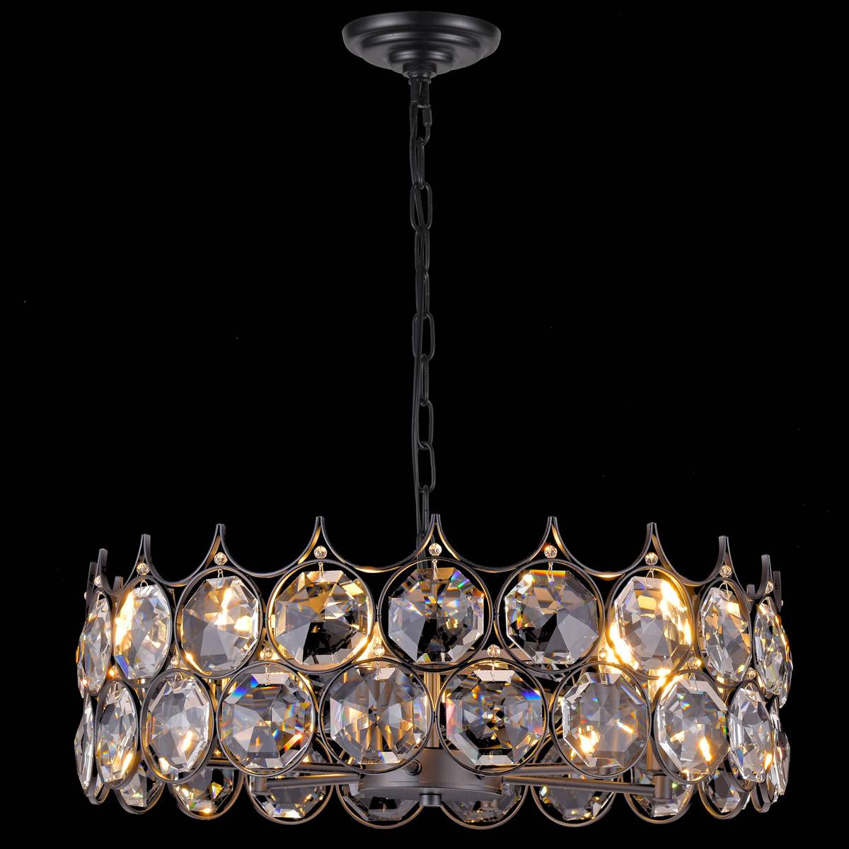Luxury 24x24x8.3 inch Black Metal Crystal Chandelier with 39.4 inch Hanging Chain – Elegant Decorative Lighting Fixture