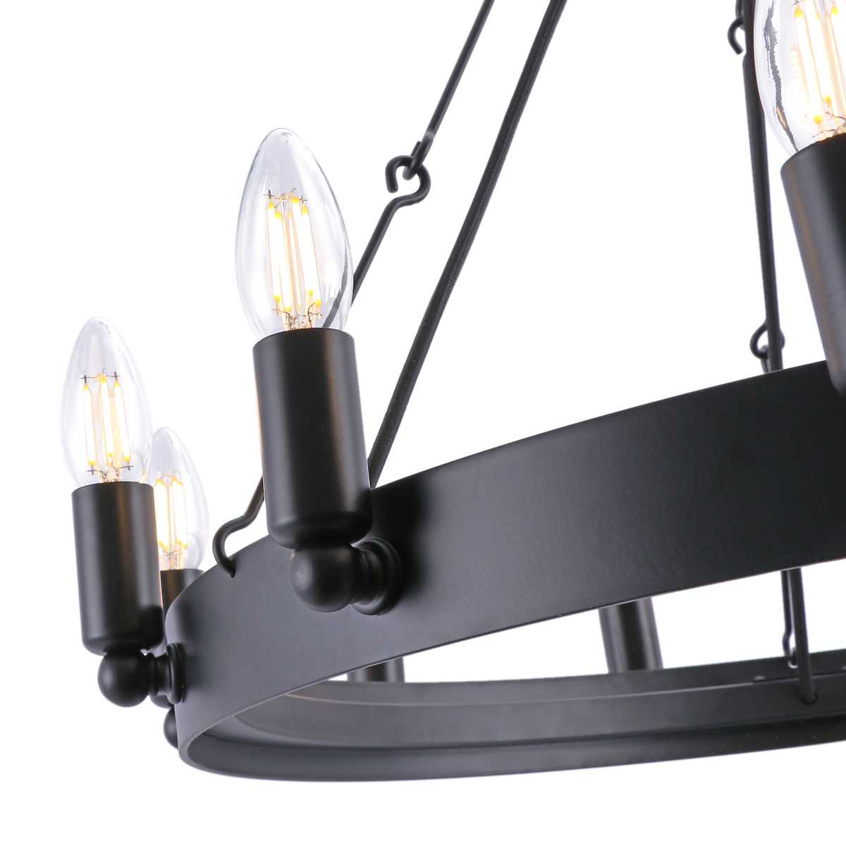 Rustic 25.6×25.6×19.7 inch Eight-Light Black Wrought Iron Chandelier with 39.4 inch Hanging Chain – Vintage Farmhouse Lighting Fixture