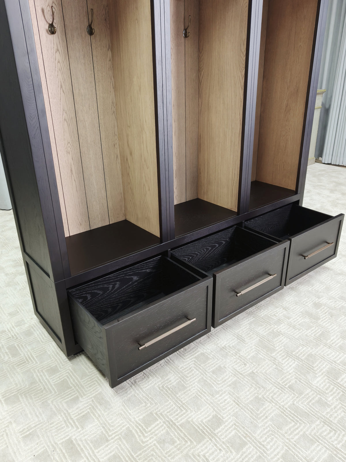 Hattie Solid Oak Entryway Cabinet Hand-Crafted with Hooks & Drawers
