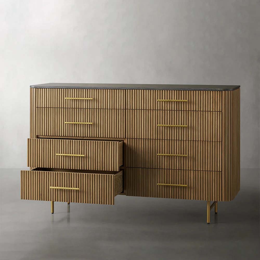 Finnley Holzkommode mit acht Schubladen und Marmor- oder Blausteinplatte, ländlicher Schrank mit 8 Schubladen