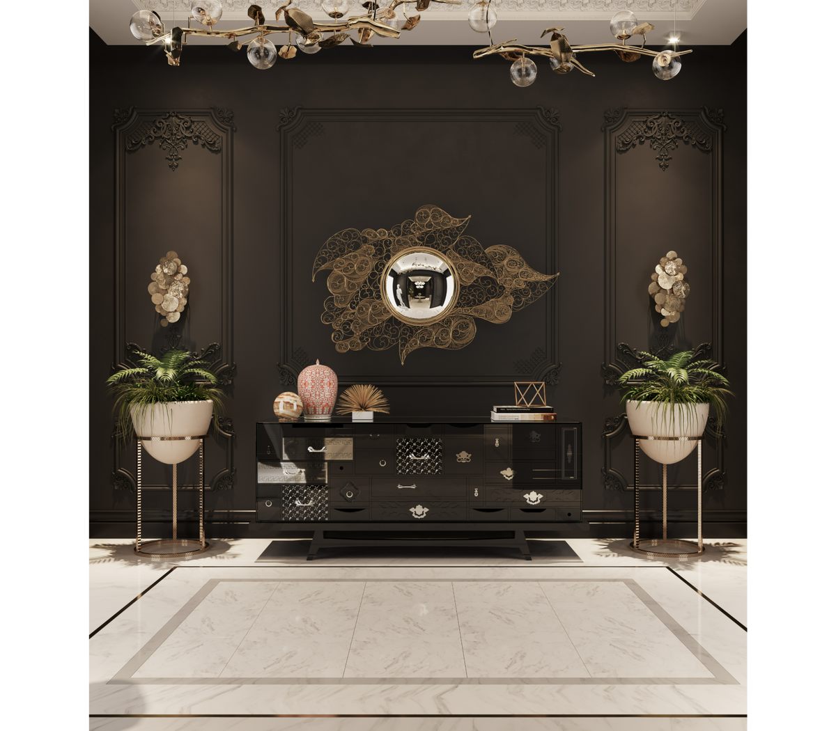 Luxury Black Sideboard Cabinet with Geometric Design & Hidden Storage