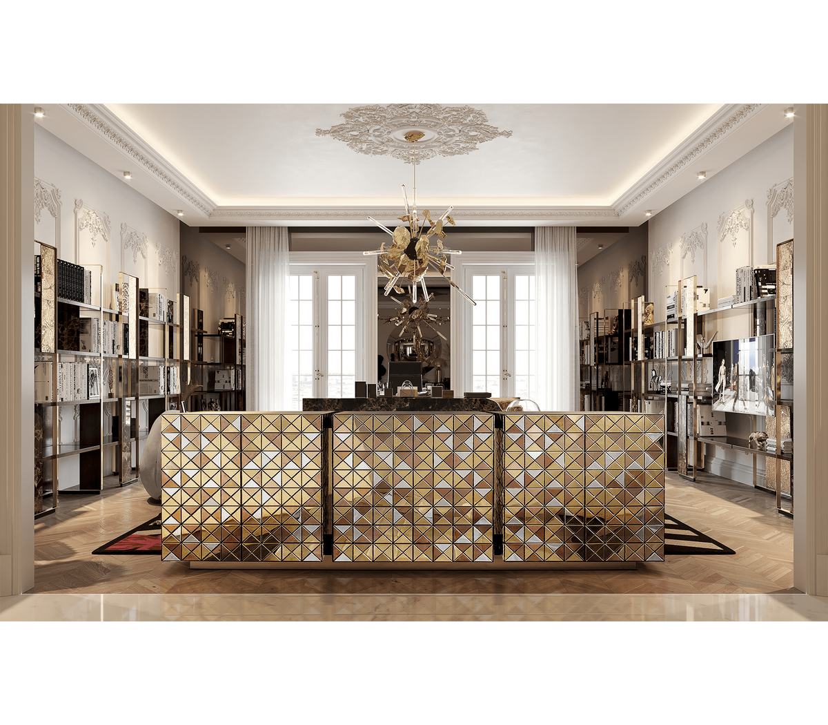 Luxury Anodized Metal Sideboard Cabinet with Pixel-Inspired Design & Hidden Storage