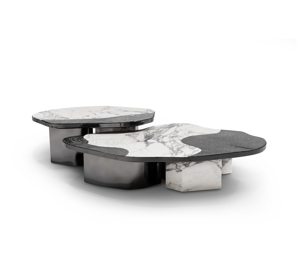 Luxury Calacatta Marble Coffee Table with Black Sculptural Base & Modern Design Center Tea Table