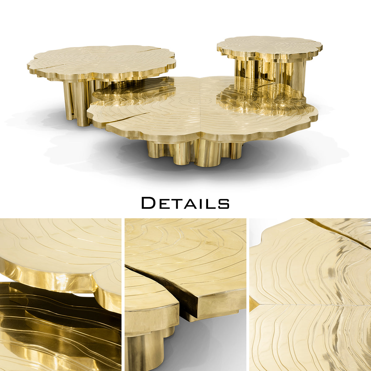 Luxury Patina Brass Coffee Table Set with Round Tiered Tops & Statement Design Center Tea Table