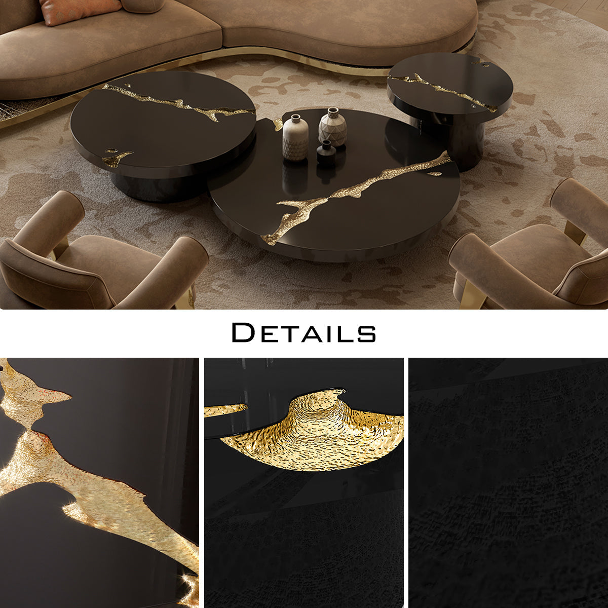 Luxury Gold Coffee Table with Round Glass Top & Sculptural Brass Base Center Tea Table