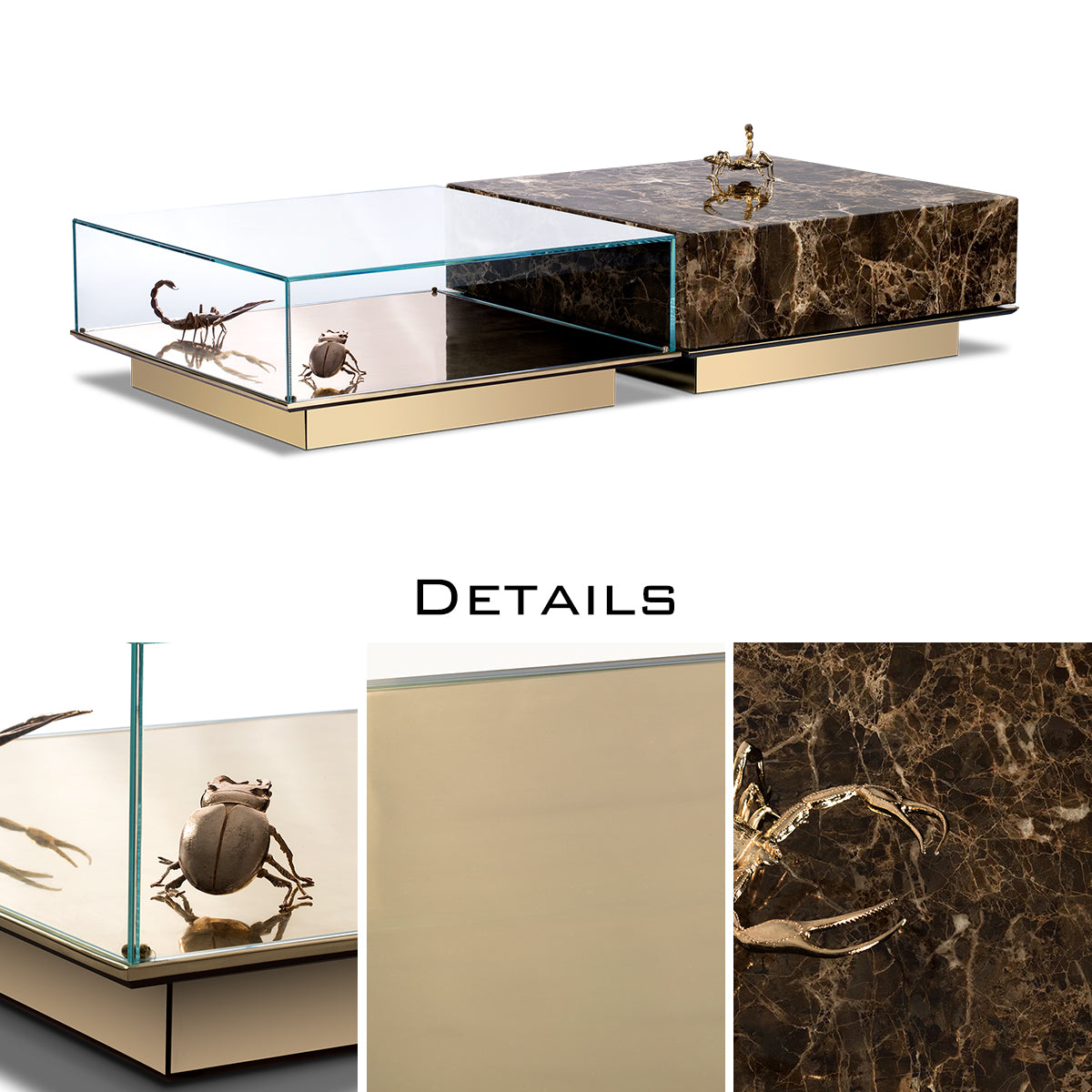 Luxury Coffee Table Set with Marble, Glass & Sculptural Gold Brass Design Center Tea Table