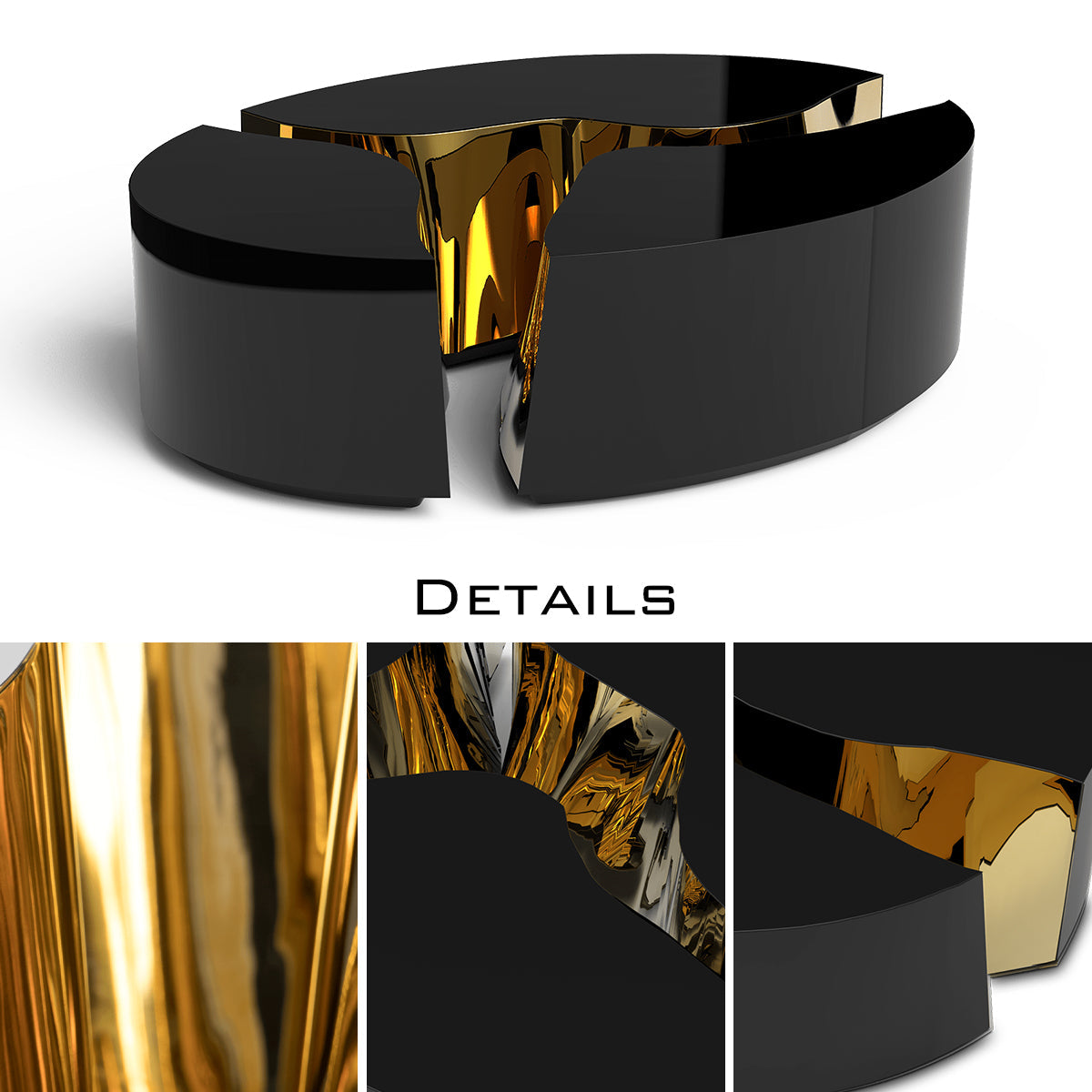 Luxury Oval Coffee Table with Sculptural Brass Accents & High Gloss Finish Center Tea Table