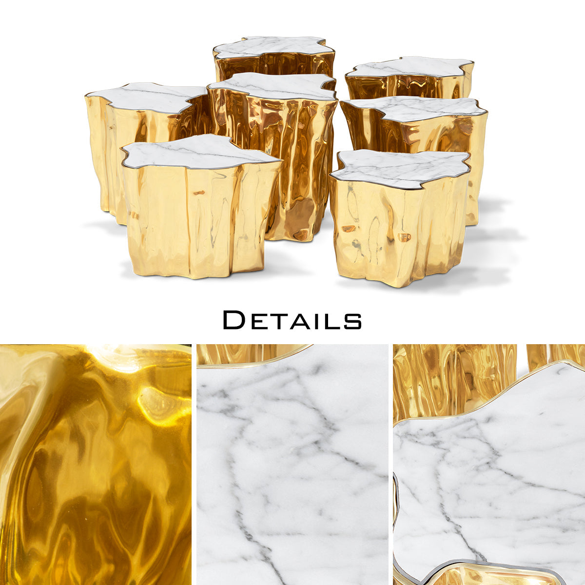 Luxury White Coffee Table with Sculptural Gold Base & Organic Modern Design Center Tea Table