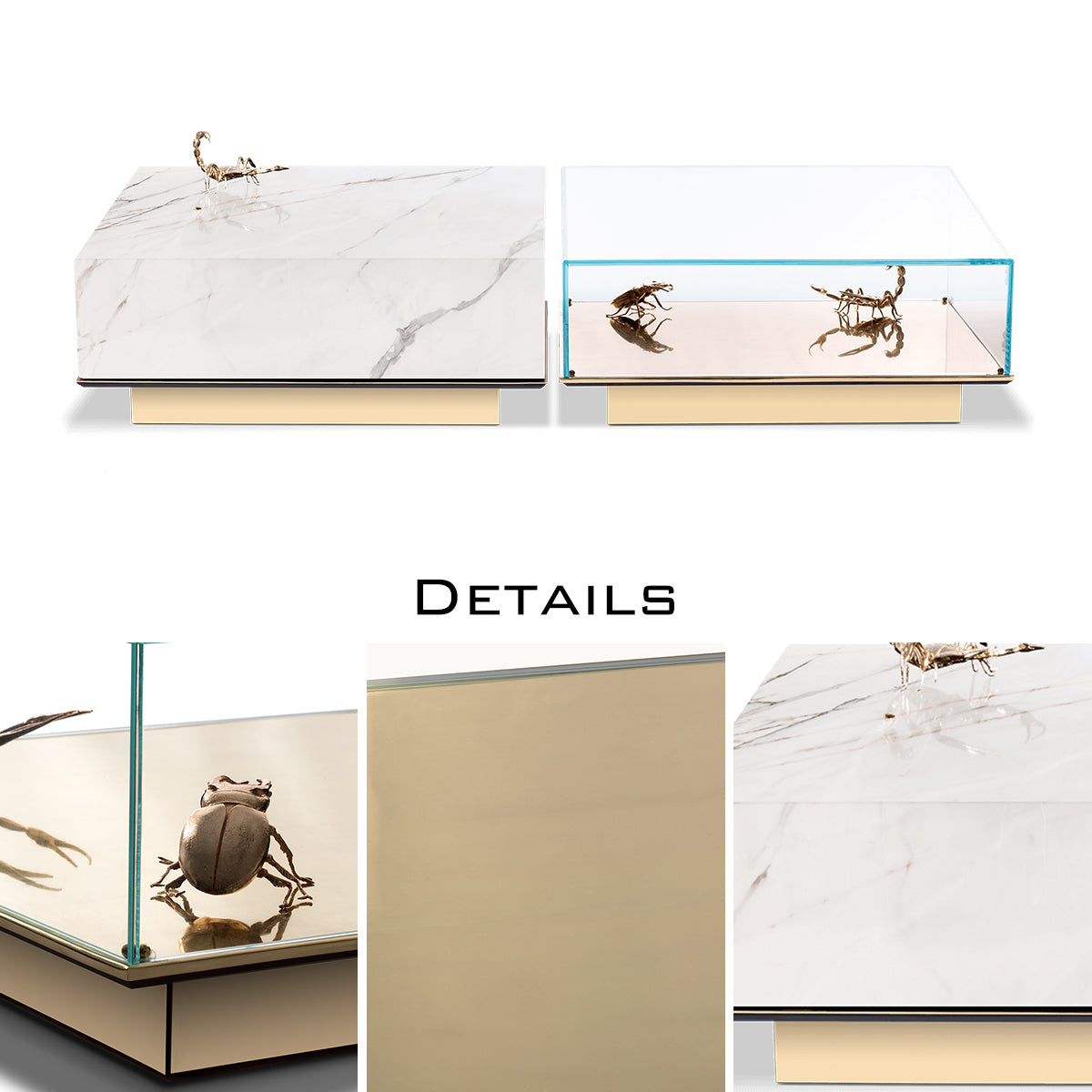 Luxury Coffee Table Set with Marble, Glass & Sculptural Gold Brass Design Center Tea Table