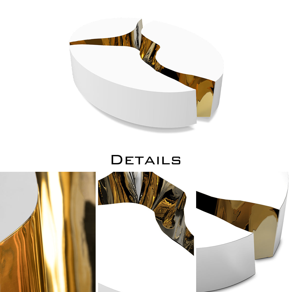 Luxury Oval Coffee Table with Sculptural Brass Accents & High Gloss Finish Center Tea Table