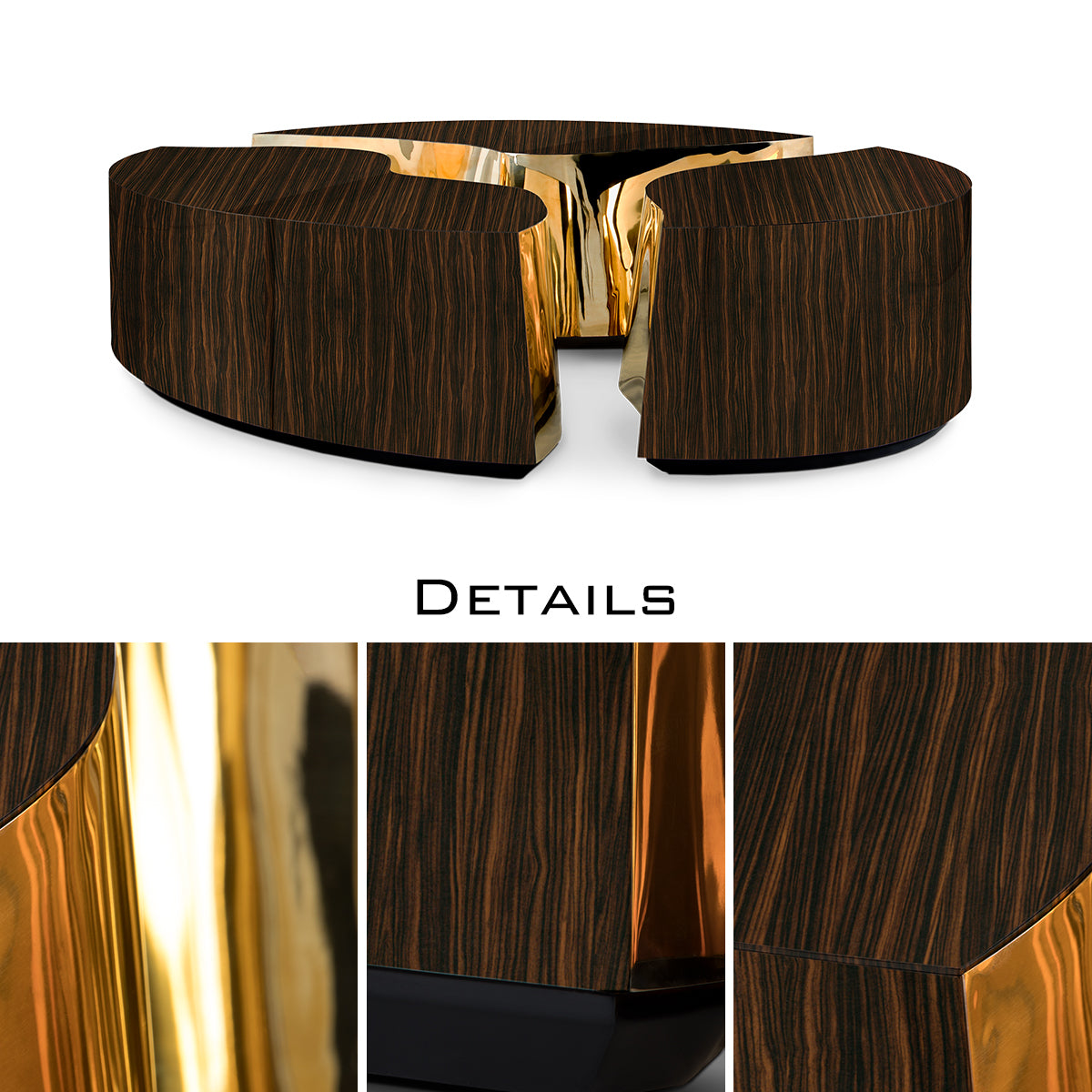 Luxury Oval Coffee Table with Sculptural Brass Accents & High Gloss Finish Center Tea Table