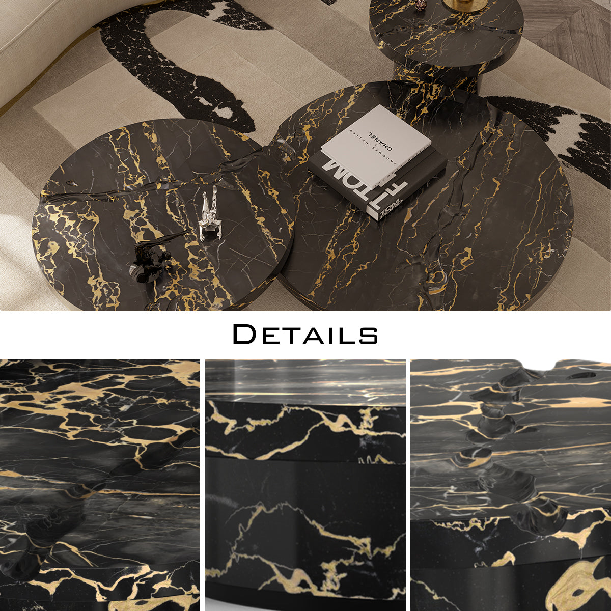 Luxury Gold Coffee Table with Round Glass Top & Sculptural Brass Base Center Tea Table