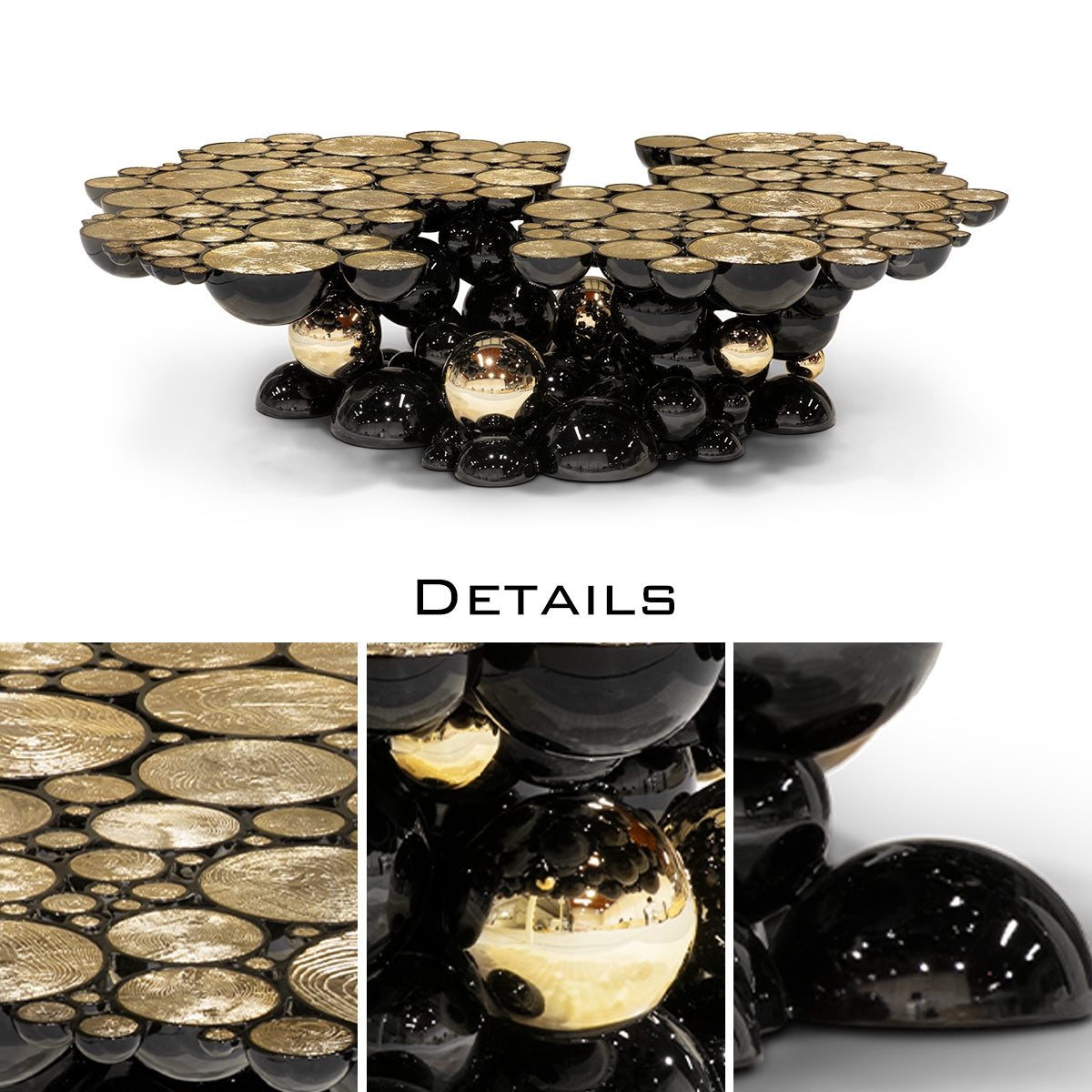 Luxury Sculptural Coffee Table with Gold Sphere Base & Black Glass Top Center Tea Table