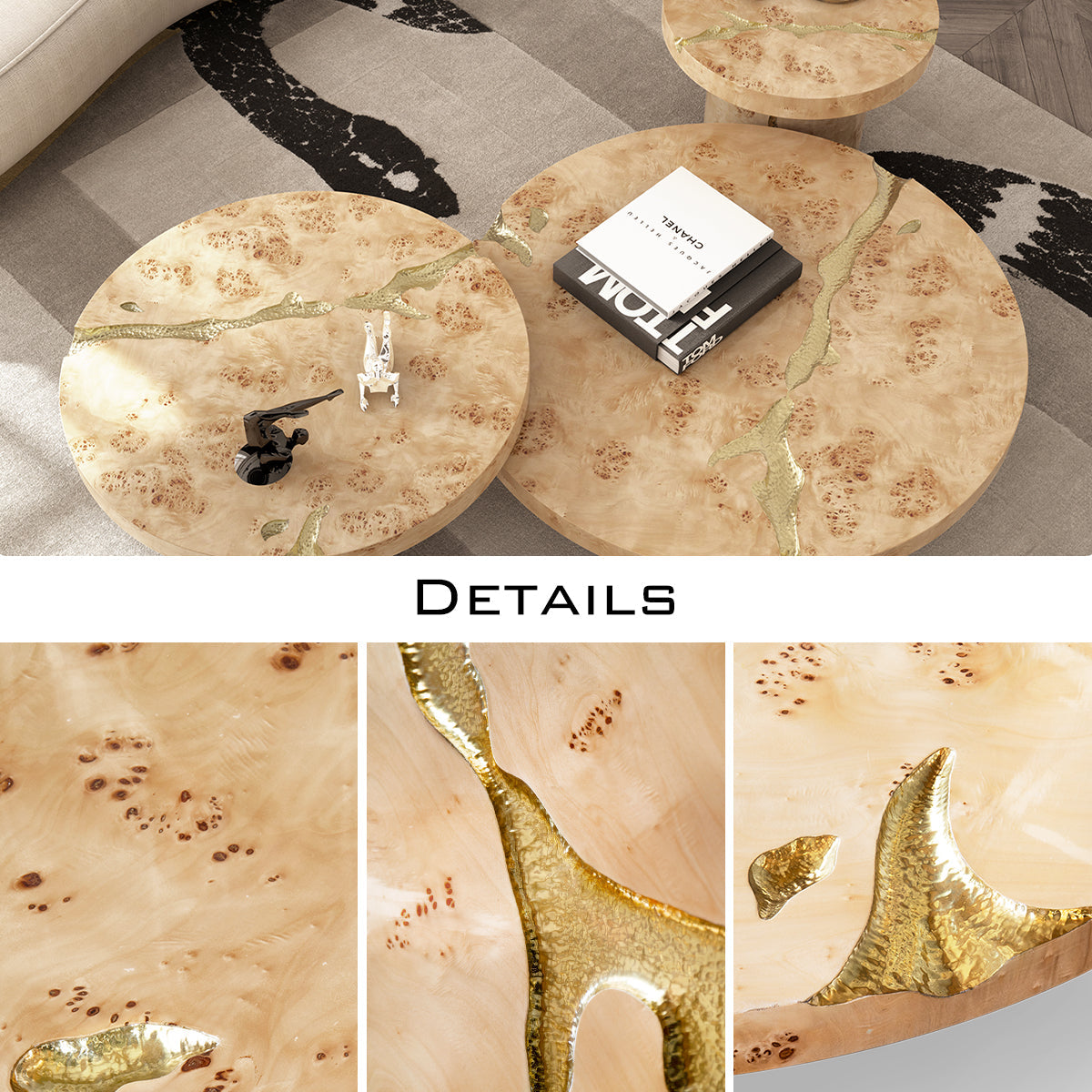 Luxury Gold Coffee Table with Round Glass Top & Sculptural Brass Base Center Tea Table