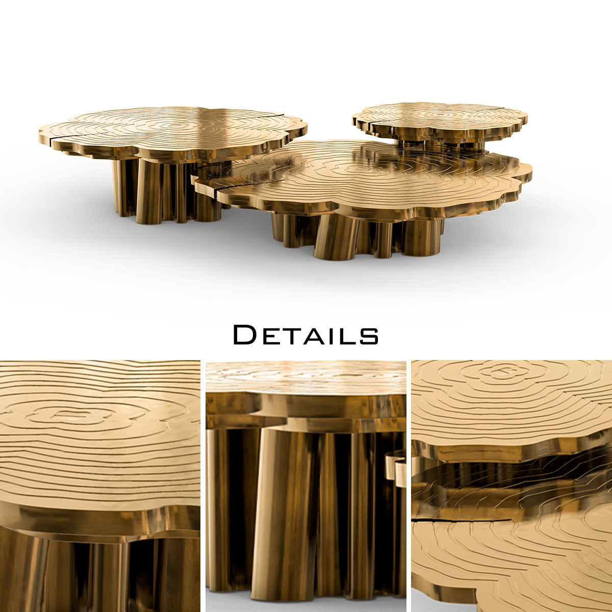 Luxury Patina Brass Coffee Table Set with Round Tiered Tops & Statement Design Center Tea Table