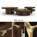 Luxury Gold Coffee Table with Round Glass Top & Sculptural Brass Base Center Tea Table