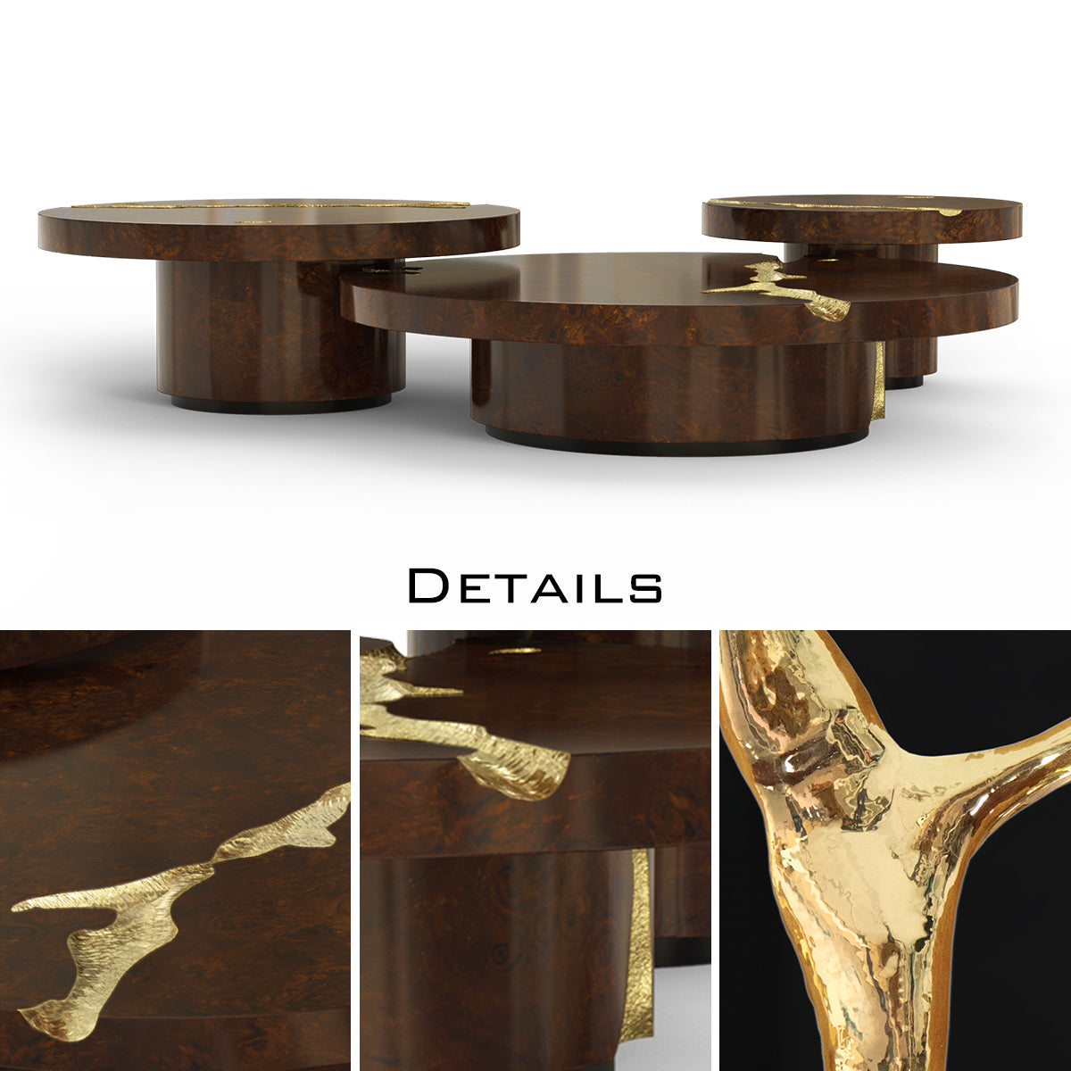 Luxury Gold Coffee Table with Round Glass Top & Sculptural Brass Base Center Tea Table