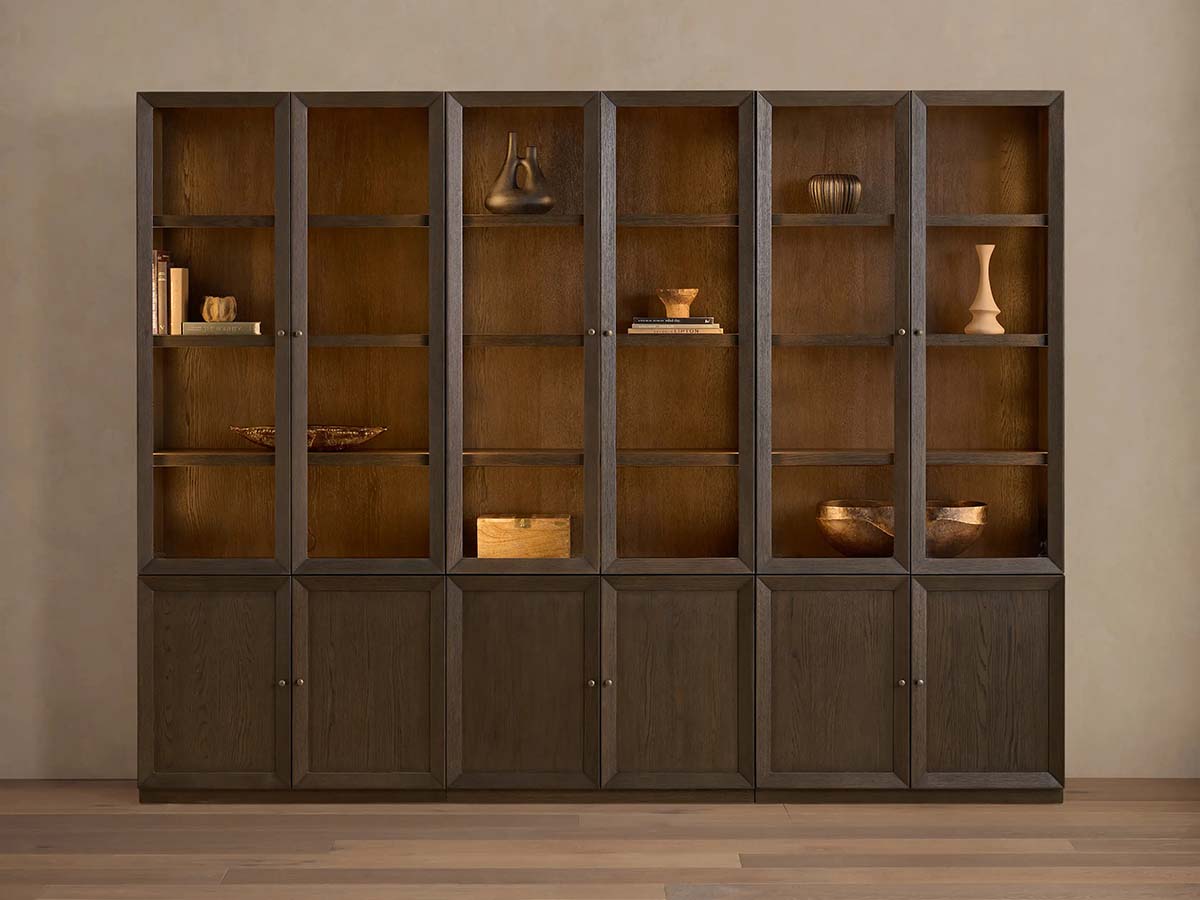 Nason Modular Glass Display Cabinets Oak Wood Tall Cabinets Large Bookcase with Integrated LED Lighting Modern Minimalist Style