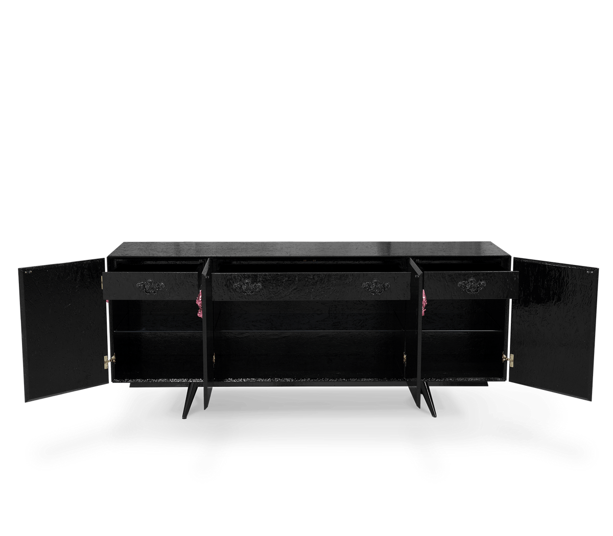 Luxury Black Sideboard Buffet Cabinet with Floral Carved Details & Storage