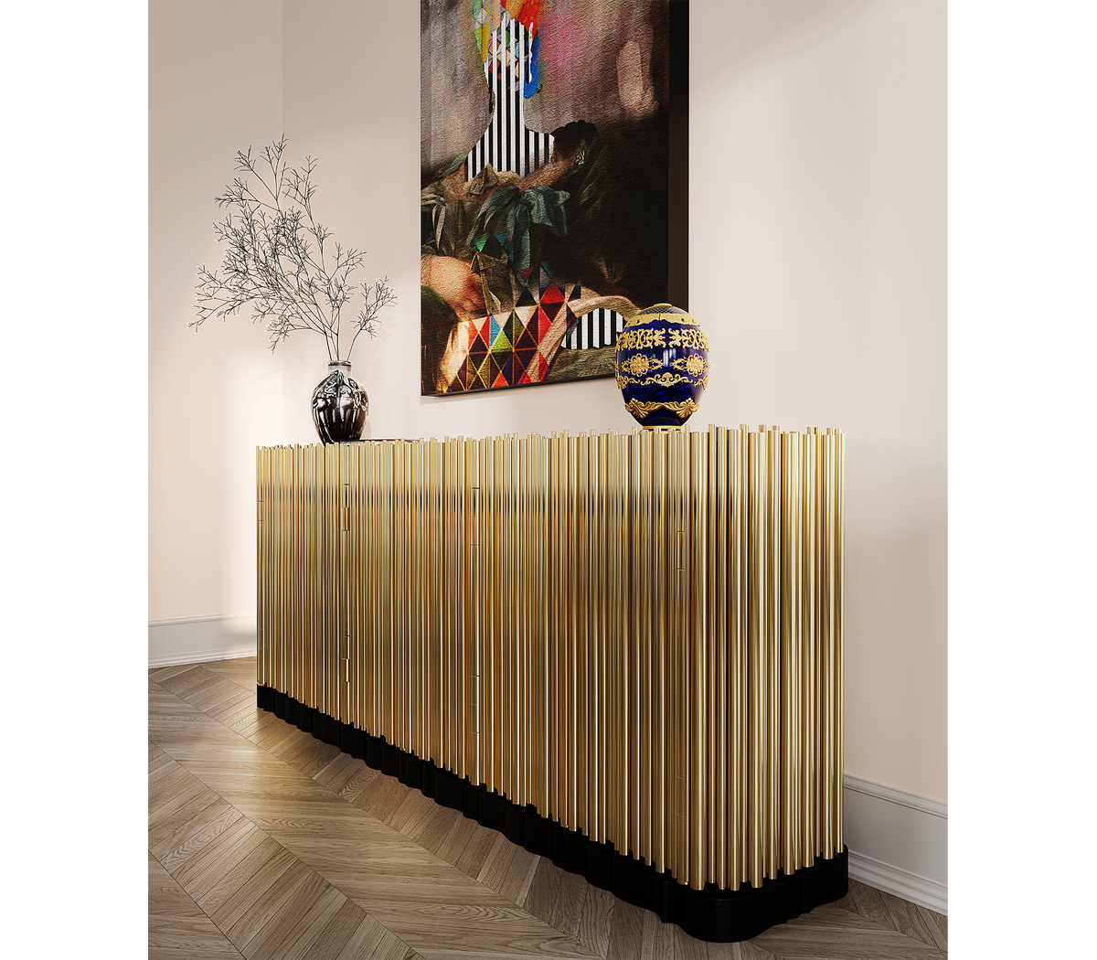 Luxury Brass Sideboard Cabinet with Sculptural Doors & Hidden Storage