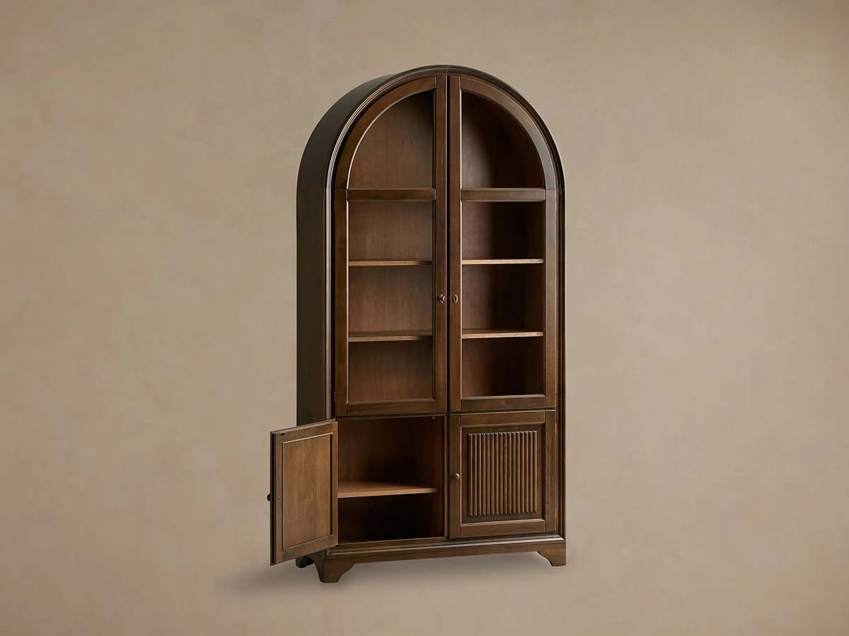 Vitrine haute Giotto à portes vitrées, buffet de salle à manger ancien en bois, bibliothèque ancienne