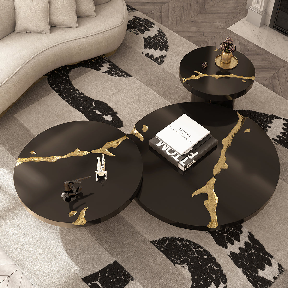 Luxury Gold Coffee Table with Round Glass Top & Sculptural Brass Base Center Tea Table