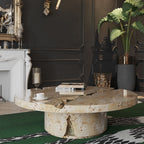 Luxury Gold Coffee Table with Round Glass Top & Sculptural Brass Base Center Tea Table
