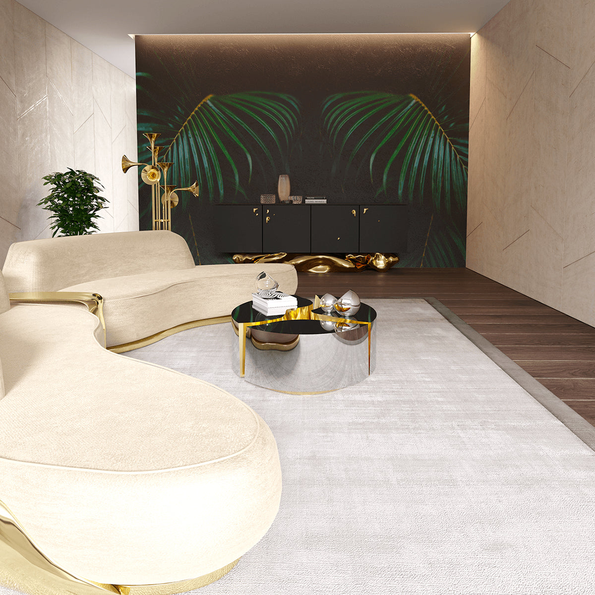 Luxury Oval Coffee Table with Sculptural Brass Accents & High Gloss Finish Center Tea Table