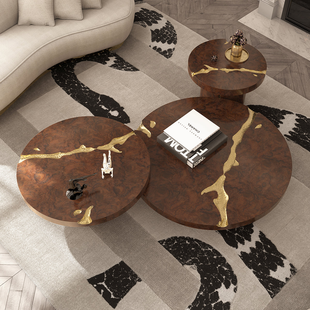 Luxury Gold Coffee Table with Round Glass Top & Sculptural Brass Base Center Tea Table