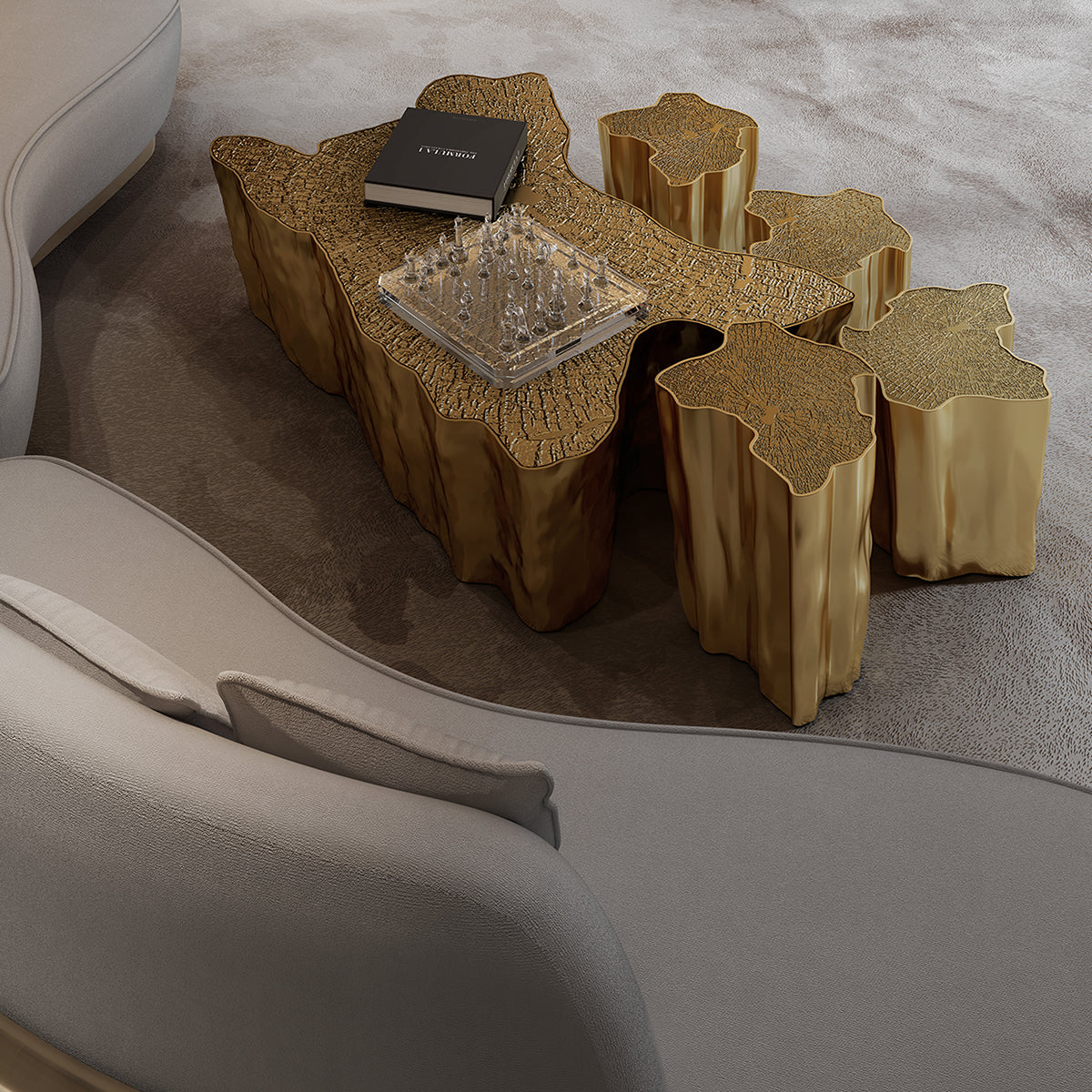 Luxury White Coffee Table with Sculptural Gold Base & Organic Modern Design Center Tea Table