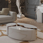 Luxury Oval Coffee Table with Sculptural Brass Accents & High Gloss Finish Center Tea Table