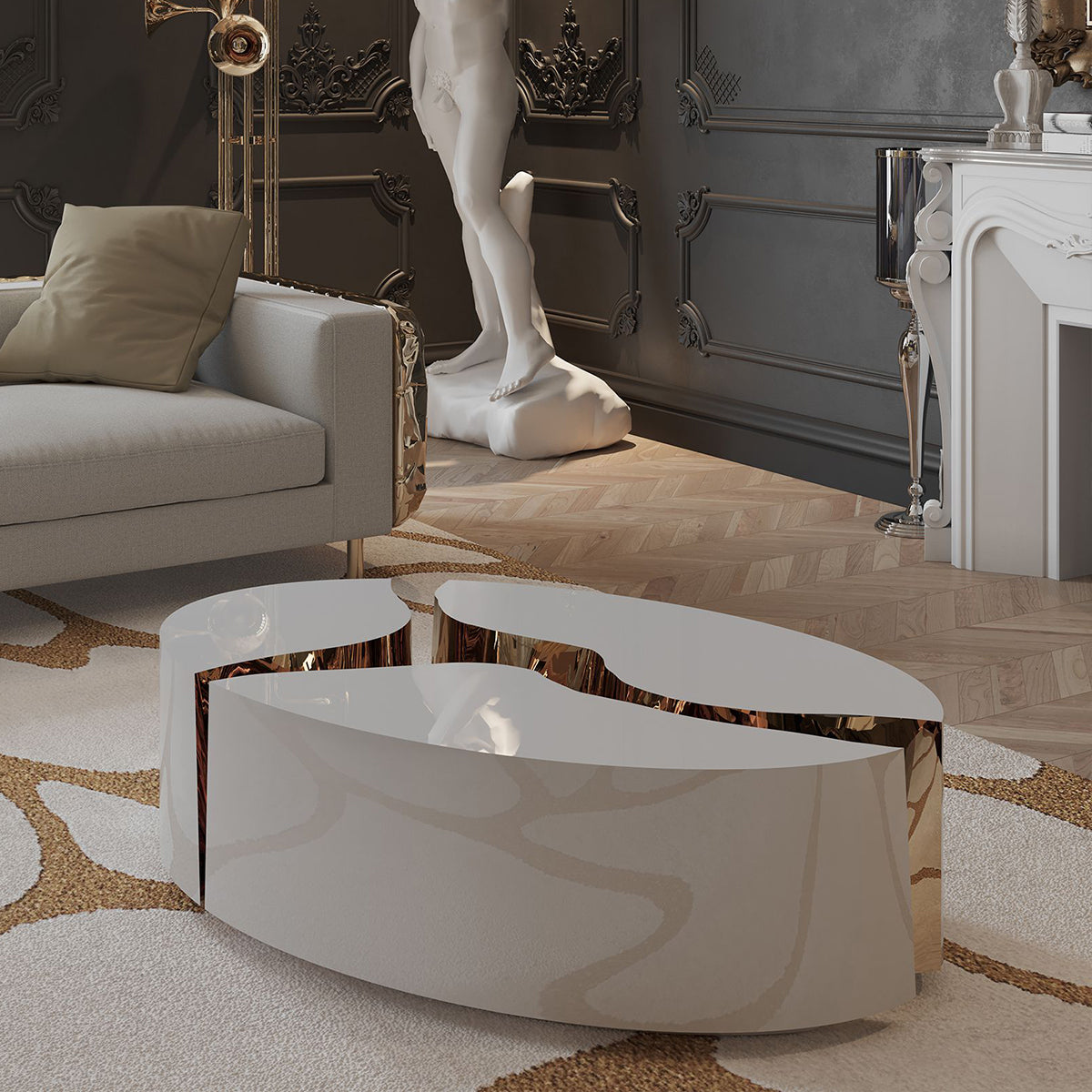 Luxury Oval Coffee Table with Sculptural Brass Accents & High Gloss Finish Center Tea Table